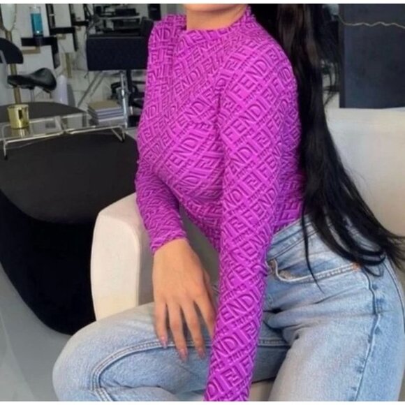 Fendi X Skims Bodysuit Purple Logo Plus 3X Mock Neck Long Sleeve - Picture 3 of 12